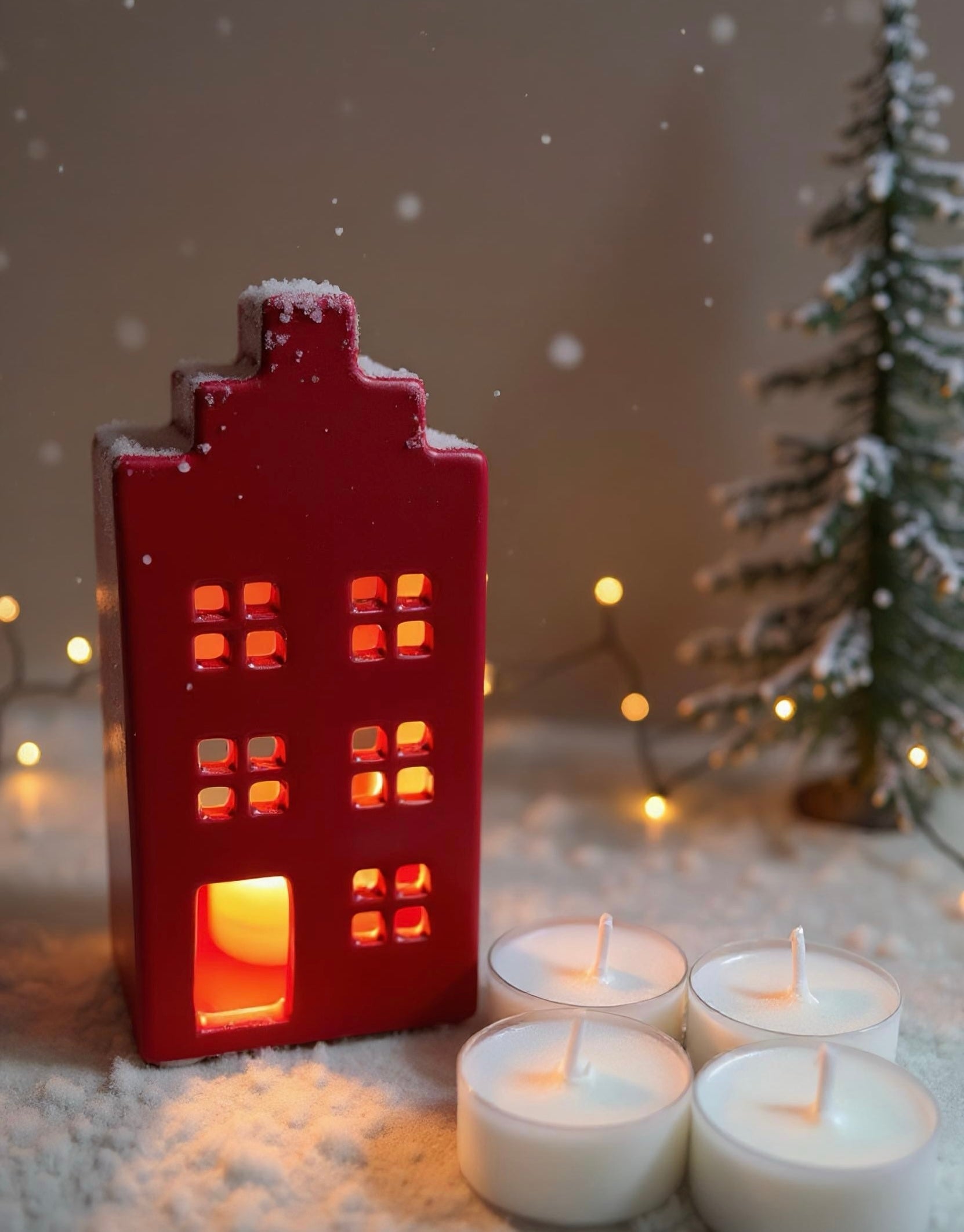 Pack Casita Roja + 4 Velitas/
Coffret Maison Porte-Bougies Chauffe-Plat + 4 Petites Bougies