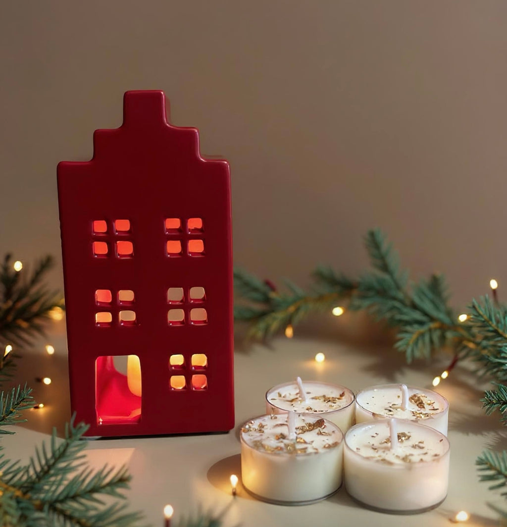 Pack Casita Roja + 4 Velitas/
Coffret Maison Porte-Bougies Chauffe-Plat + 4 Petites Bougies