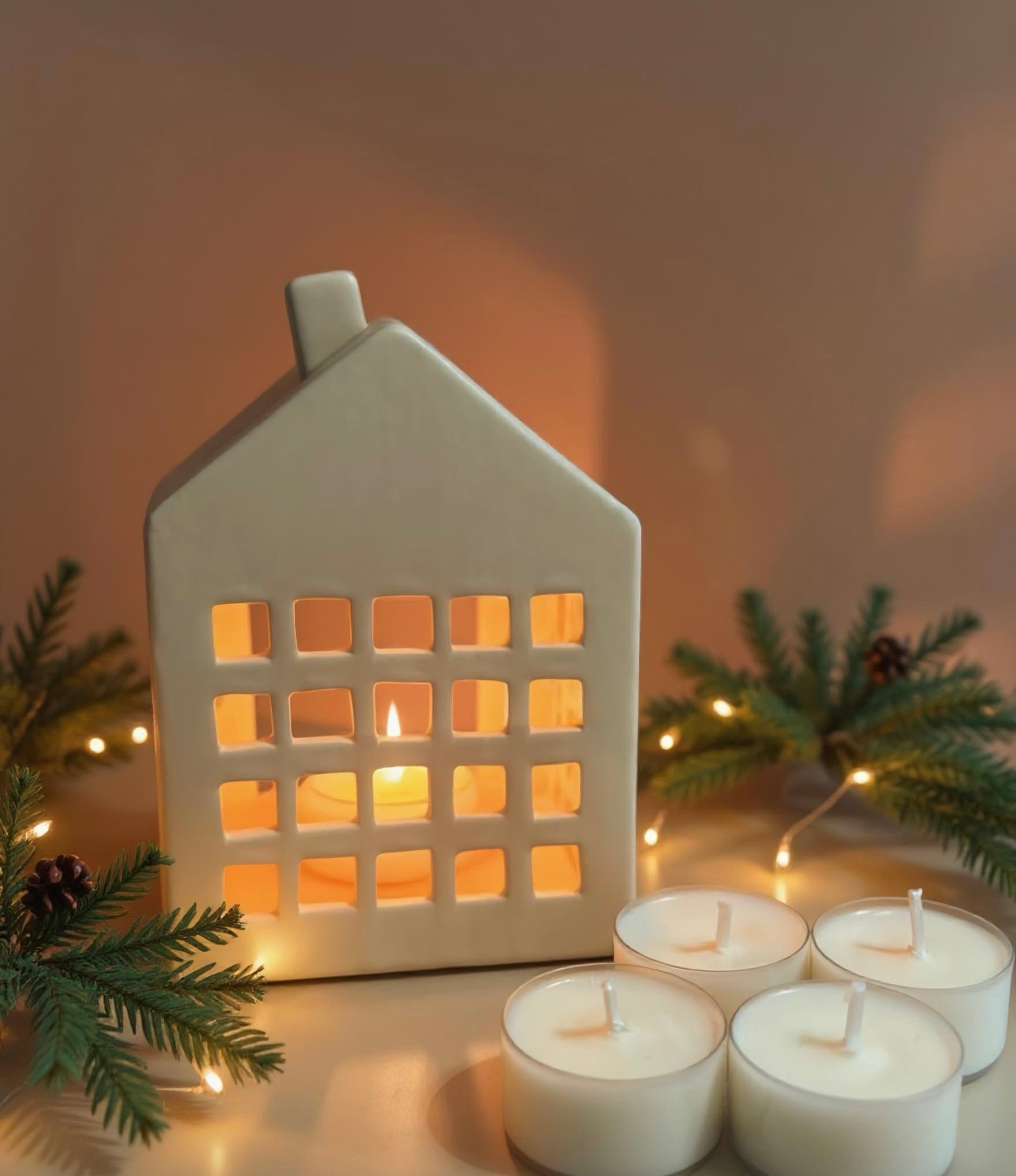 Pack Casita Beige + 4 Velitas / Coffret Maison Porte-Bougies Chauffe-Plat + 4 Petites Bougies